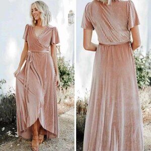 Baltic Born Pink Champagne Andi Velvet Ribbed Wrap Maxi Dress Size M